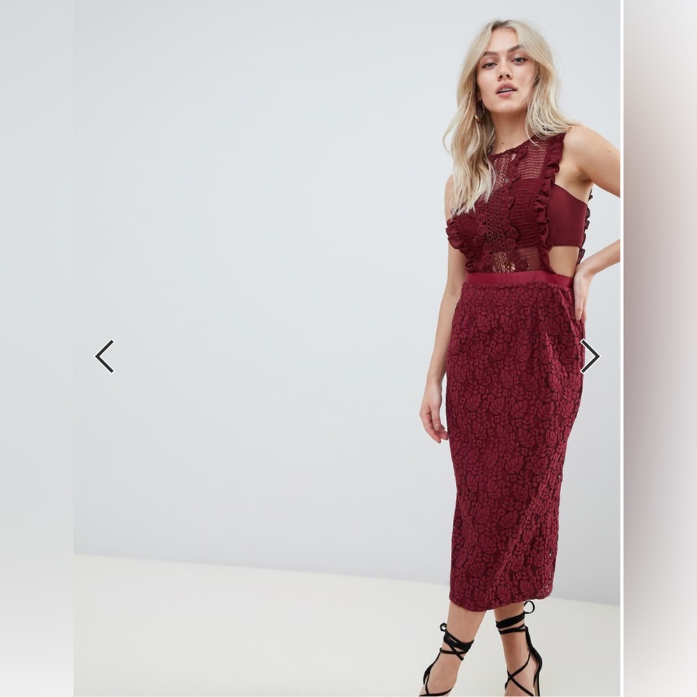 ASOS Oxblood Lace Pencil Midi Dress w Frill Pinny Bodice Sz 8
